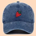 Washed denim baseball cap with red strawberry embroidery in dark blue finish - Adjustable / Blue
