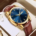 Montre à quartz pour hommes avec boîtier doré, cadran bleu marine et bracelet brun - Style Homme / Cuir Brun Boîtier Or Cadran Bleu