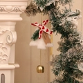 Detail of plush Christmas tree ornament with red heart ribbon and golden metal bell - White Bow Bell / White