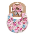 Pink floral cotton baby bib and matching headbands set with bohemian fringe detail - Pink Blue Print
