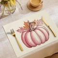 Fall placemat with pink pumpkin and maple leaf print on beige linen fabric - Pink Pumpkin Maple Leaf Type A