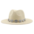 Close-up of beige straw Fedora with sun-patterned vintage silver alloy trim band - Beige