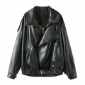 Chaqueta motera de cuero sintético negro para mujer con cremallera y cinturón ajustable - S / Negro