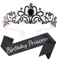 Birthday Princess set featuring silver crown with black rhinestones and black sash - Silver Black Set