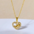 Gold stainless steel heart necklace with LOVE engraving and sparkling zircon pavé detail - N0080 Gold