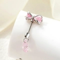Silver barbell piercing with pink bow and teardrop gemstone heart pendant charm - Pink Bowknot + Pink Waterdrop (Single Piece)