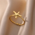Bague étoile de mer en acier inoxydable plaqué or 18 carats sur du tissu en soie - Ouvert Réglable / Style Étoile de Mer en Corde Torsadée (JZ4906G) / Or