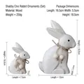Set of two vintage off-white wooden standing rabbit ornaments with rustic texture - Sitting Rabbit Pair - Distressed Wood with Rope Beads