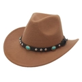 Brown western cowboy hat with turquoise beads and metallic rivets on leather band - M(56-58cm) / Khaki