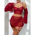Completo lingerie in mesh rosso vino con catena per il corpo e gonna corta - S / Borgogna
