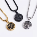 Vintage Wikinger Runen Pentagramm Rundanhänger Halsketten in Gold Schwarz und Silber - Halsketten-Set / Stahlfarbe