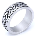 Macro shot of Viking Celtic knot pattern on wide stainless steel band with polished finish - Fine Braided Totem Style (12303)