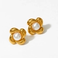 316L stainless steel floral earrings with white pearls in a luxurious gold finish - Gold Flower Bud Earrings D2903