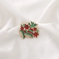 Christmas brooch with red flowers, green leaves, and golden bells on white silk - Golden Christmas Bell with Bow