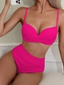 Solid hot pink ribbed bikini set with twist front top and high waisted bottoms - S / Rose Red