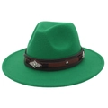 Detail of green wool fedora with brown leather band and silver metal floral ornaments - Grass Green
