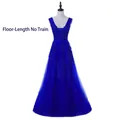 Royal blue V-neck evening gown with lace embroidery and layered tulle floor-length skirt - L / Royal Blue Floor Length
