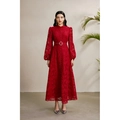 Elegant red lace midi dress with victorian stand collar and lantern sleeves including belt - S / Red