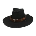 Western black cowboy hat with wide brim featuring a brown leather band and metal bull skull - One Size / Black (Brown Bull Head)