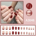 Uñas postizas cuadradas francesas de 24 piezas en color rojo vino y cuadros - Cuadros Rojo Oscuro (Estilo de Pegamento A3048)