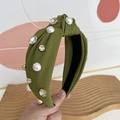 Detail of dark green fabric headband with elegant pearls and sparkling rhinestones - Green