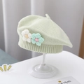 Baby knit beret hat in pale green with handmade crochet flower details for infants - Double Flower Knit Beret / Green
