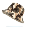 Close-up of jungle camouflage cotton bucket hat with beige lining and durable stitching - One Size / Coffee Camo