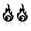 Detailed view of black hollow flame and moon earrings with matte finish on white base - Flame / Black