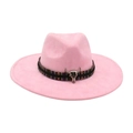Pink wide brim felt fedora hat featuring ethnic band and silver bull skull ornament - Colorful Bull Head Ornament / Pink