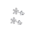 Silver flower stud earrings with sparkling cubic zirconia and secure screw back closure - Plum Blossom Style
