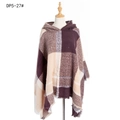 Plaid hooded poncho cape in brown and beige checks with elegant fringe hem design - Coffee
