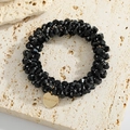 Elastic beaded hair ring with faceted black crystals and a round gold 'HAND MADE' tag - Black Crystal