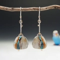 Bohemian asymmetric geometric earrings with natural blue stripes on silver hooks - Brown Blue (Style A)