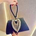 Elegant black glitter evening clutch bag with leaf pattern rhinestones and gold chain - Black