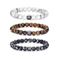 Three-piece bead bracelet set featuring white turquoise, tiger eye, and snowflake stones - White Turquoise + Tiger Eye + Snowflake
