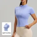 Slim fit light frost blue short sleeve yoga top with stand collar and zipper - S / Tops / Light Frost Blue