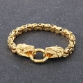 Men's gold-plated stainless steel Byzantine bracelet featuring dual lion head clasps - Gold (KB108248-Z)