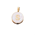 Golden stainless steel round pendant with white shell inlay featuring letter S - Letter S / 22mm (1 Piece/Pack) / Gold