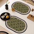 Olive green oval leather placemat with black floral print and Happy Every Day text - Oval / 1 Piece / French Vintage Style-E