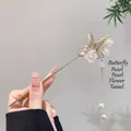 Golden butterfly hair stick with white pearls and long tassels for Hanfu accessories - 98# Butterfly Pearl Flower Tassel - Gold