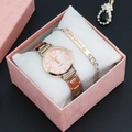 Women's gold quartz watch set with pink dial and His Queen bracelet in pink gift box - 240125 Pink Watch + Bracelet + Box