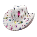 Cappello da cowboy bianco in ecopelliccia con stampa di piume metalliche colorate - M (56-58cm) / Bianco