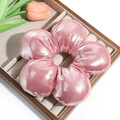 Detail of a large pink fabric flower scrunchie with metallic silk texture on wooden tray - Holographic Pink (Approx. 14.5cm)