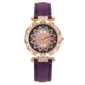 Close-up of rose gold cat-style square watch with purple strap and crystal flower dial - Floral Art Dial Watch / Purple