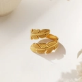 Elegant gold feather open ring in stainless steel with detailed texture on white background - Gold Feather Style
