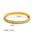Detail showing 59mm gold vacuum-plated stainless steel bangle with rectangular zircon inlay - White Baguette Zirconia Style (HF-B5119-G-WT)