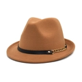 Close-up of caramel wool fedora hat featuring black leather band and gold chain detail - M (56-58cm) / Camel