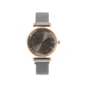 Montre femme en or rose avec cadran gris à rayons de soleil, motifs cœur et bracelet maille - Argent