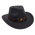 Detail of western cowboy hat with brown leather band and embossed metal buckle decor - One Size / Dark Gray