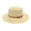 Flat top straw sun hat with fringe edge and brown leather strap for beach travel - M (56-58cm) / Beige